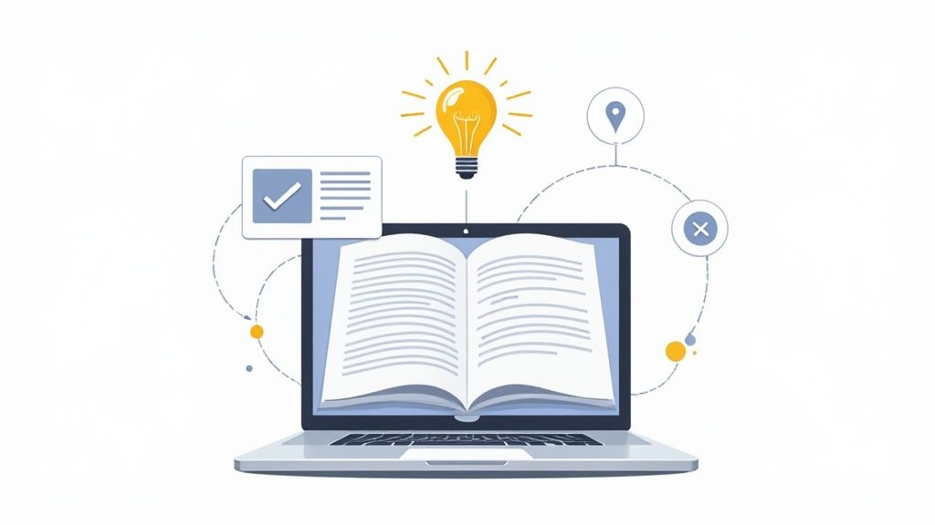 A laptop displaying an open book on screen, with a glowing lightbulb above, representing online education or ideas.