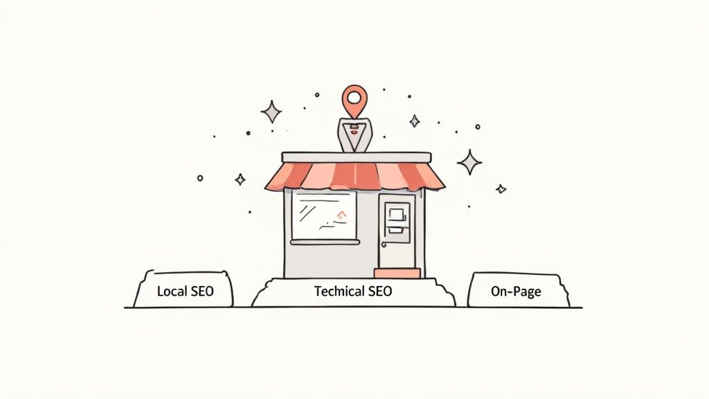 Cartoon illustration of a small shop with a location pin, flanked by'Local SEO','Technical SEO', and'On-Page' labels.
