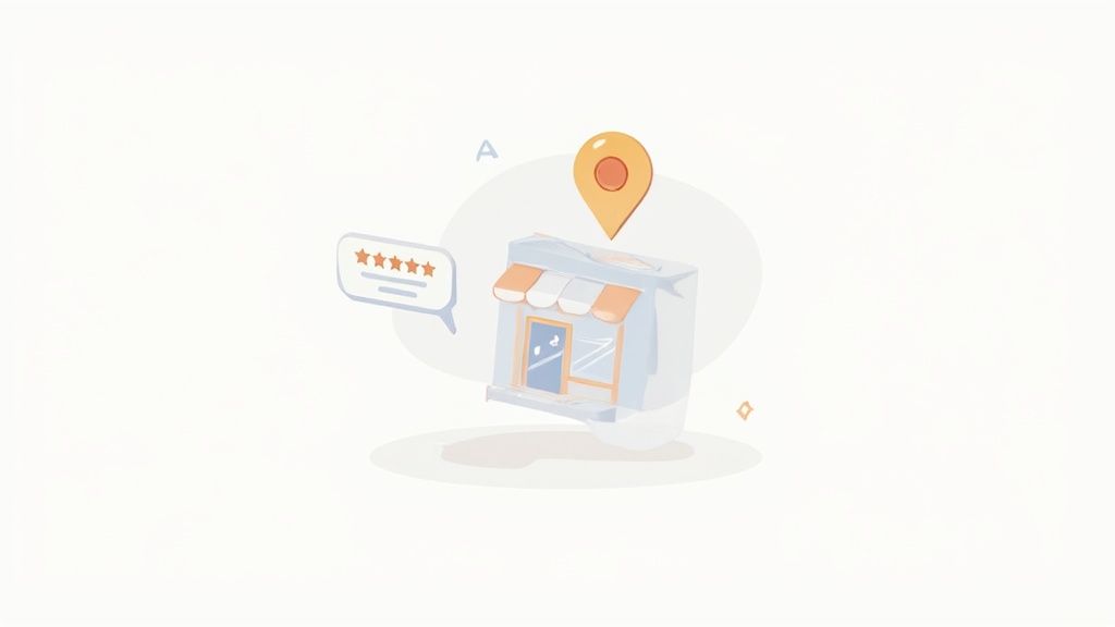 Stylized small business with a map pin, indicating location and a five-star customer review.