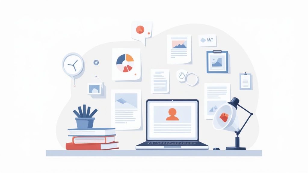 Illustration of a clean, organized digital workspace with a laptop, documents, books, and lamp.