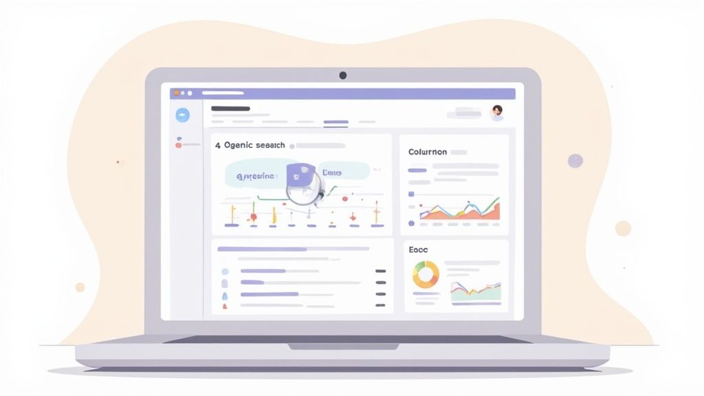 A laptop displays a digital dashboard with various data charts and a magnifying glass icon.