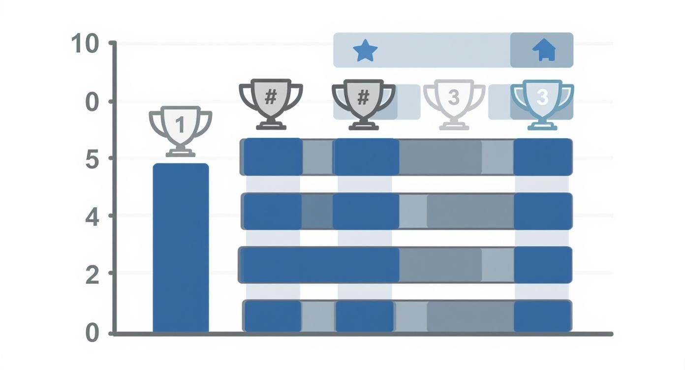 Bar chart displaying a vertical bar with '1' trophy and multiple horizontal stacked bars with various trophy icons.