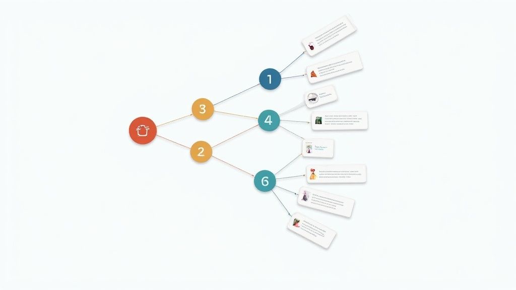 Mind map diagram showing numbered workflow steps branching from central cooking pot icon with connected information cards