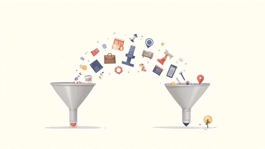 Miscellaneous items like documents, tools, and household objects flow between two funnels.