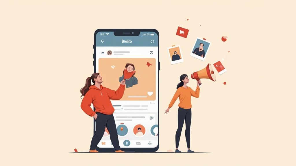 Illustration of people promoting content on a social media app with a megaphone and flying images.