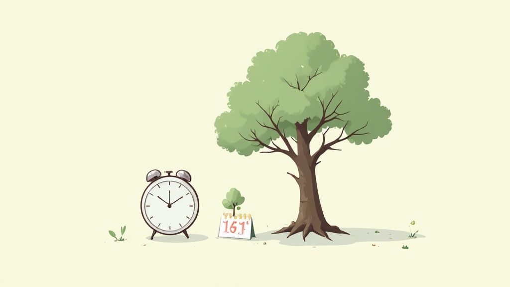 An alarm clock, a small seedling, a calendar showing 161 days, and a mature tree illustrate the concept of time and growth.