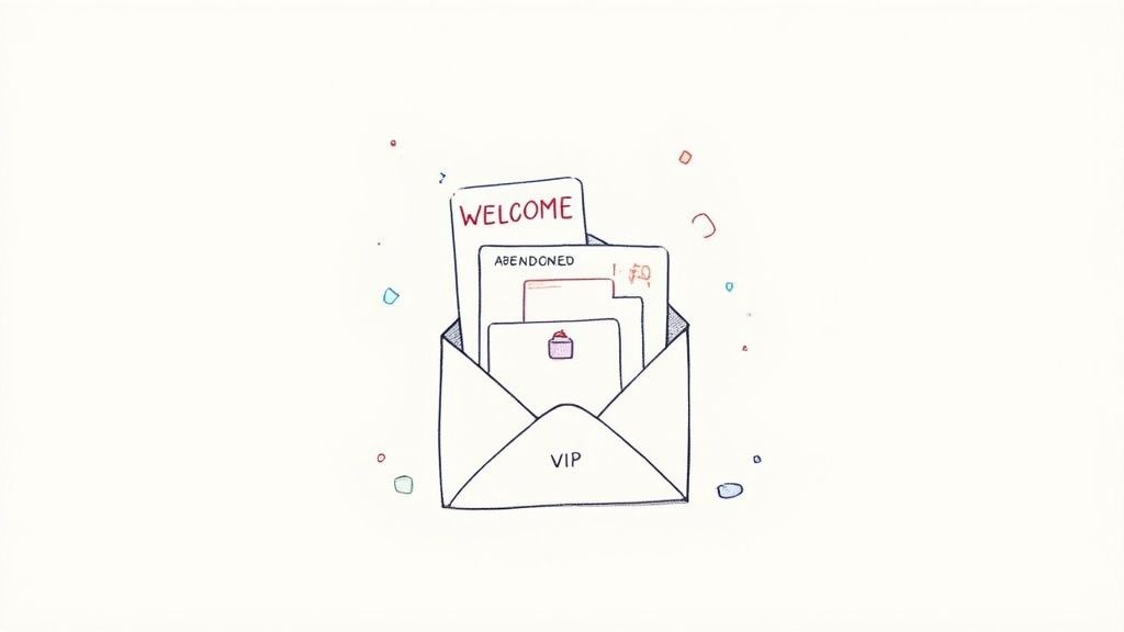 A hand-drawn open envelope labeled "VIP" with papers inside, including "WELCOME" and "ABANDONED" messages, surrounded by confetti.