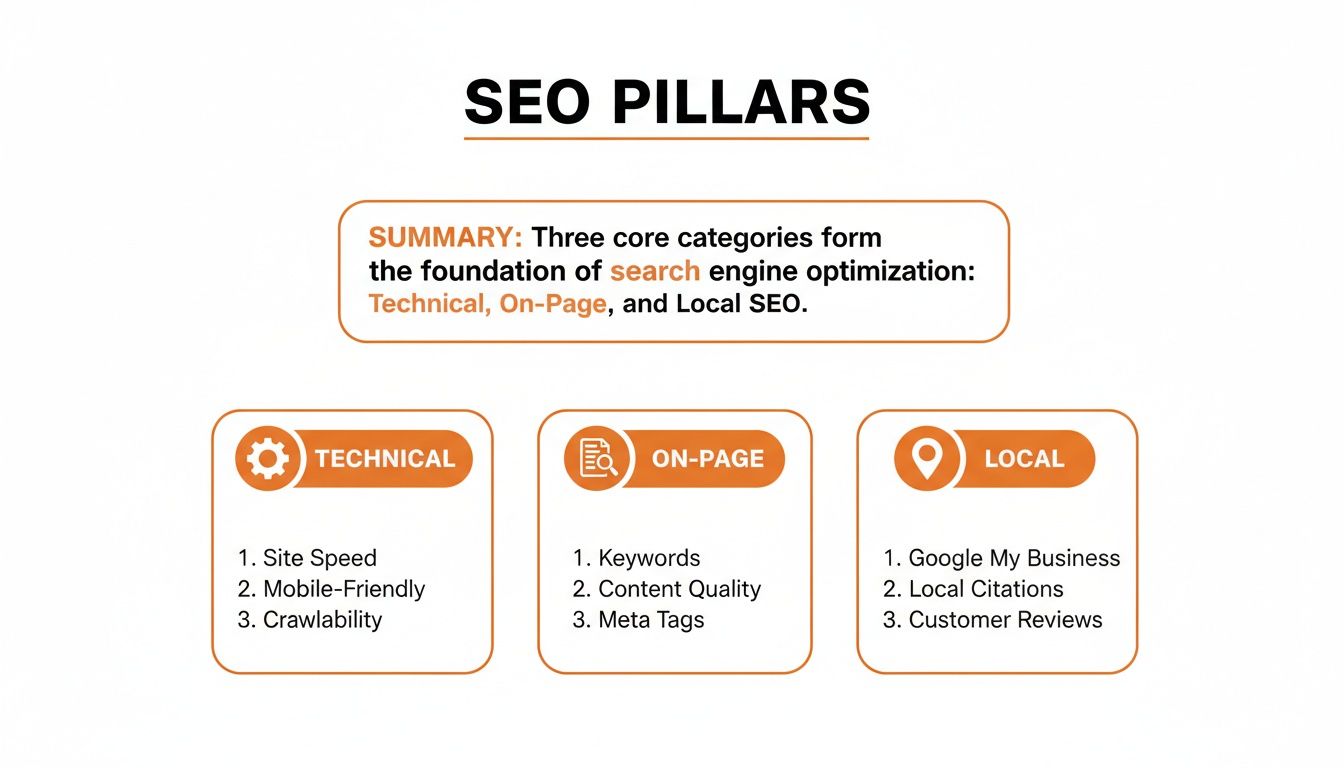 A diagram illustrating the three core SEO pillars: Technical, On-Page, and Local, with key components for each.