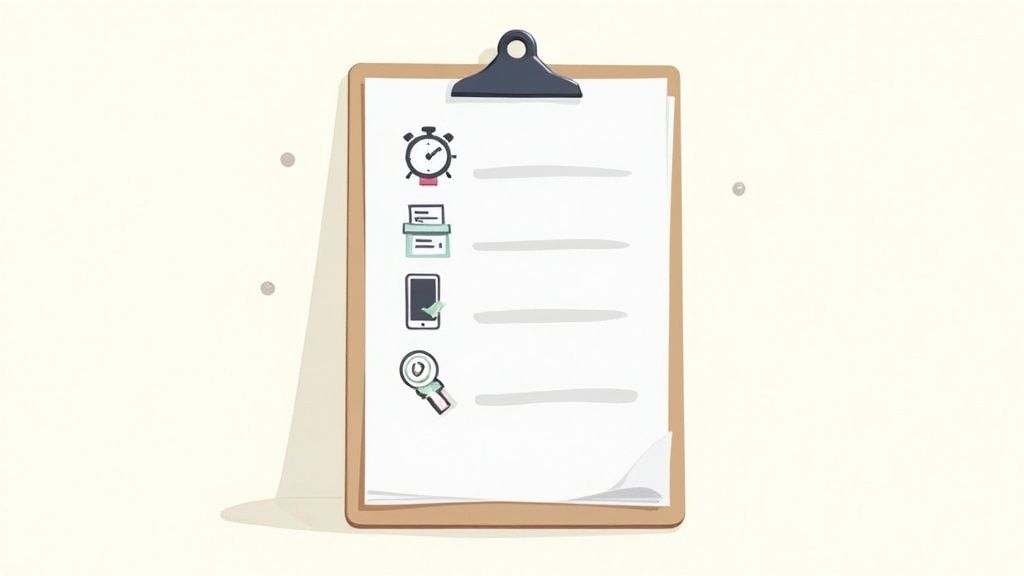 A clipboard with a checklist showing icons for time, documents, mobile optimization, and technical analysis.