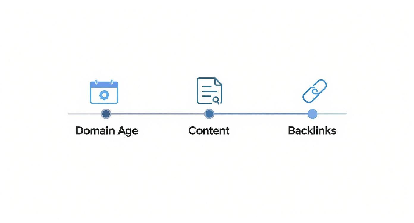 A visual timeline displaying three crucial SEO ranking factors: Domain Age, Content, and Backlinks.
