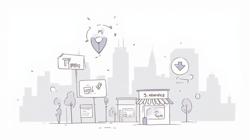 A hand-drawn cartoon cityscape illustrating local business advertising, map pins, and digital services.