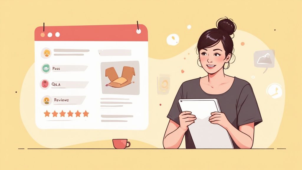 A smiling woman holds a tablet, viewing a webpage with product details, customer reviews, and Q&A.