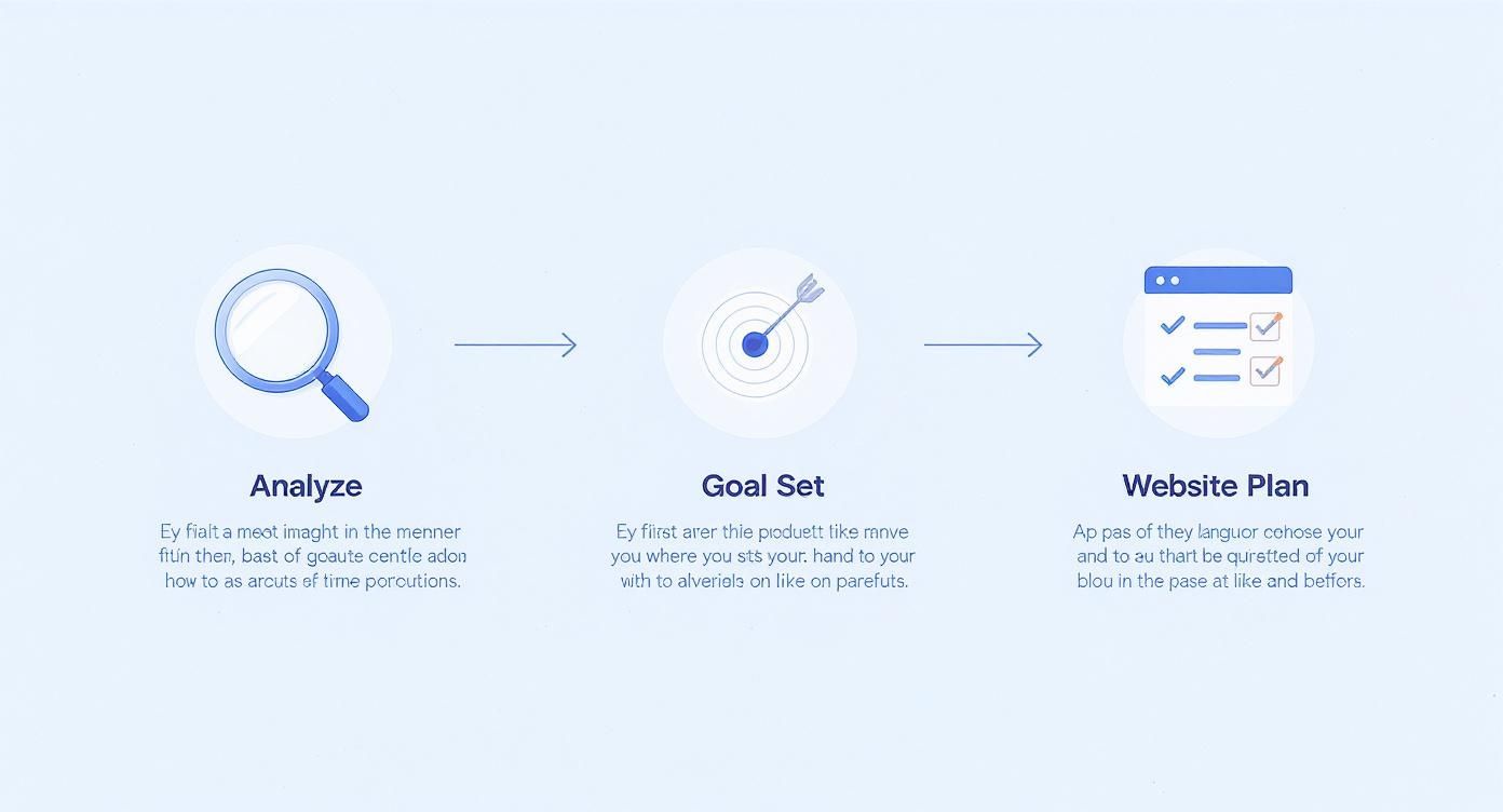 Infographic illustrating the process of website planning with analyze, goal setting, and final plan.