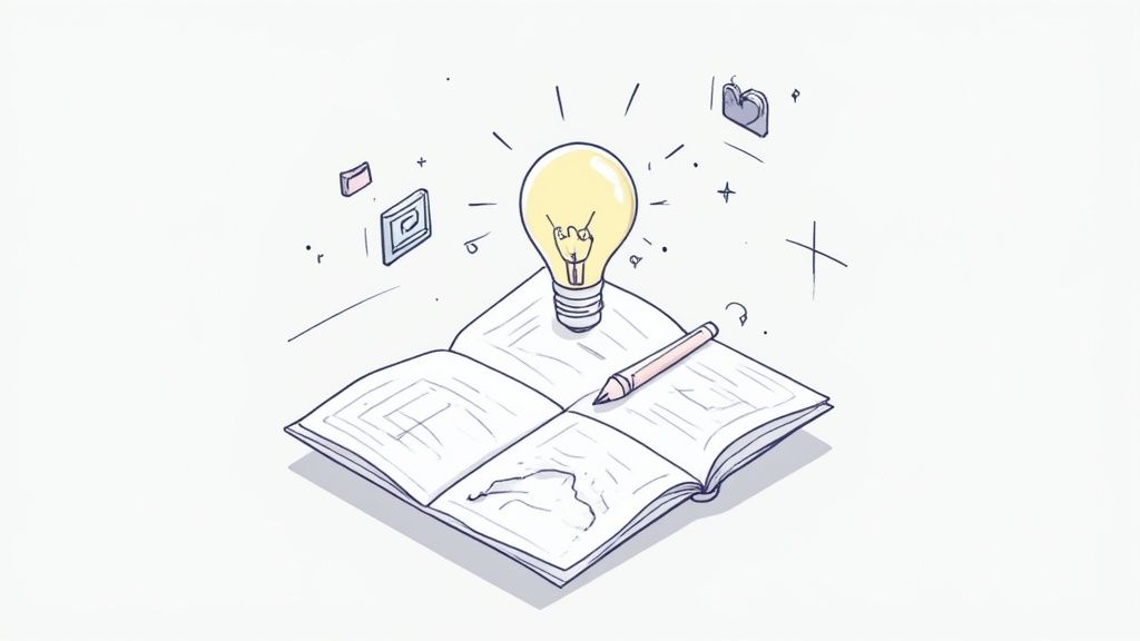Illustration of an open notebook with a glowing lightbulb and a pencil, symbolizing ideas and learning.