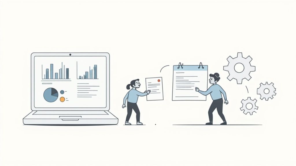 Illustration of business professionals managing data analysis, task scheduling, and workflow automation with technology.