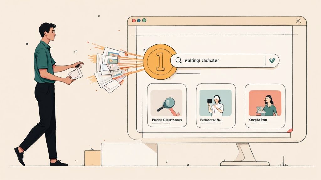 A man inputs physical documents into a digital search engine, aiming for a top ranking result.