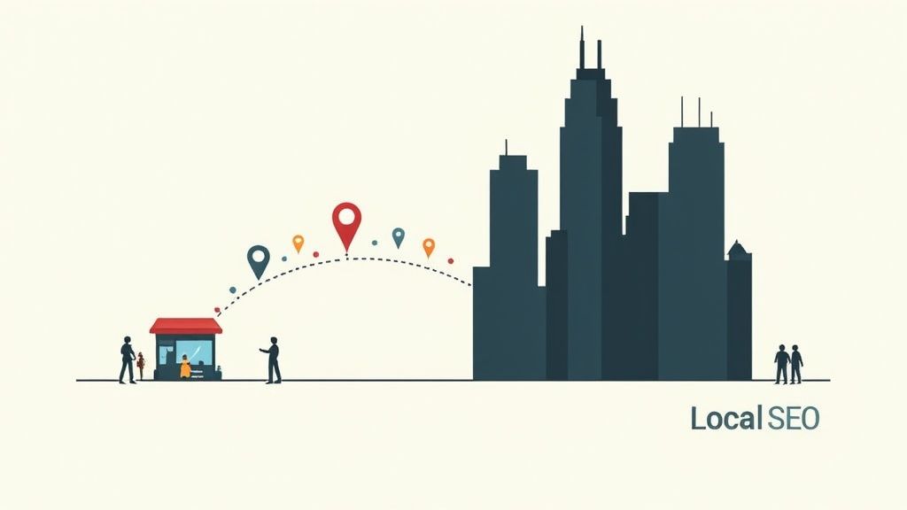 An illustration showing a local business connecting to a large city skyline via a path of location pins, representing Local SEO.