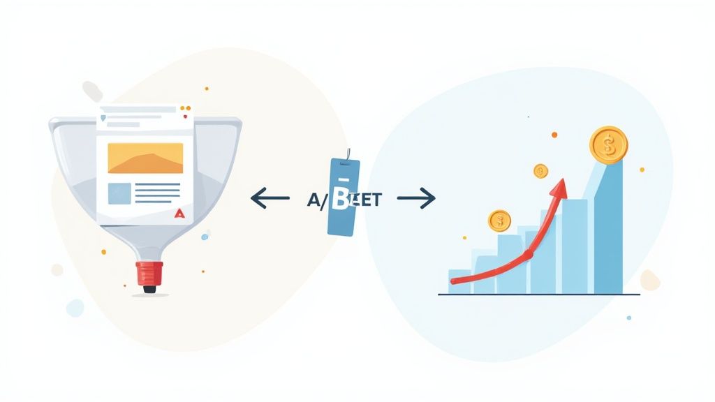 Illustration of A/B testing a marketing funnel, leading to improved performance and increased revenue.