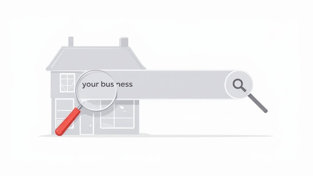 A magnifying glass highlights 'your business' on a grey building, connected to a search bar for online visibility.
