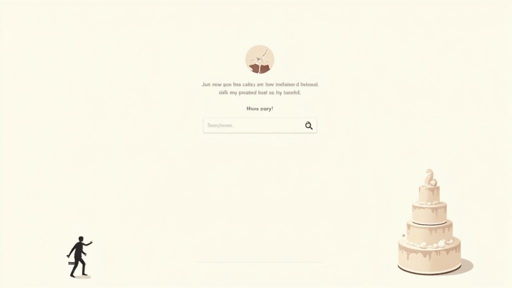 A whimsical cream-colored web page featuring a search bar, a person, and a multi-tiered cake.