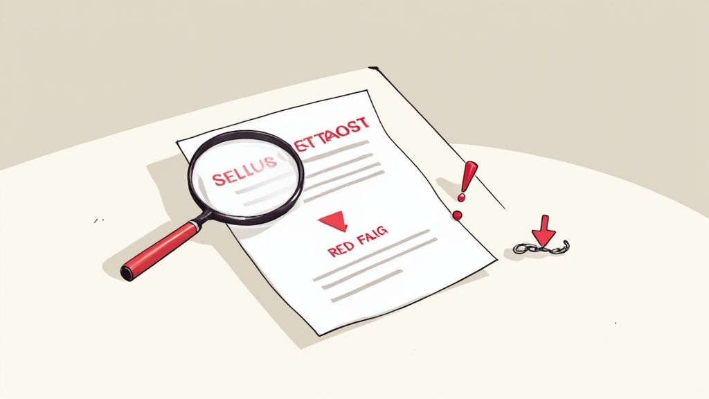 Magnifying glass examining a document with'SELLUS' and'RED FAIG', alongside warning signs and a broken chain.