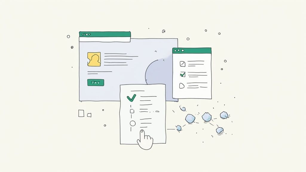 Digital illustration showing multiple browser windows with checklists, profile forms, and interactive elements for web management