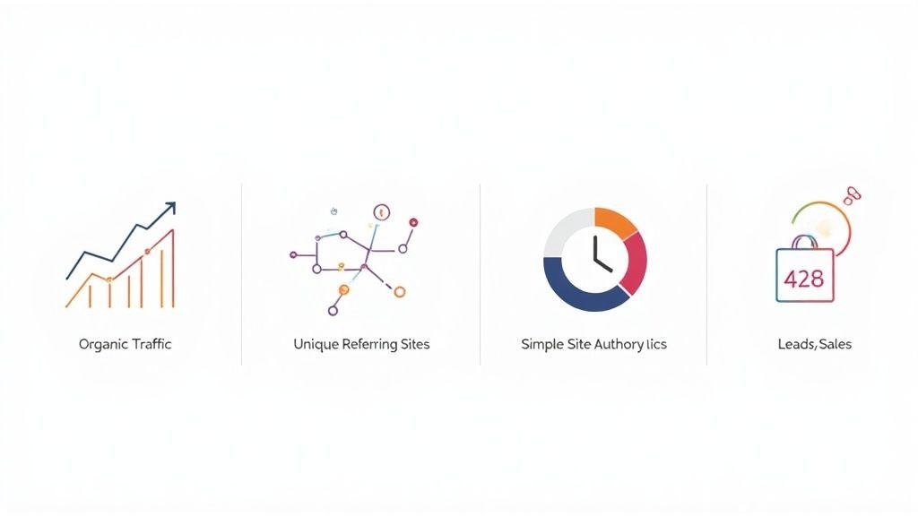 Four icons illustrating key SEO and website performance metrics: organic traffic, referring sites, site authority, and sales leads.