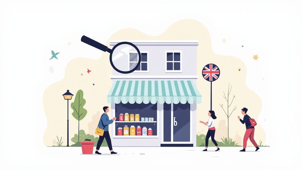 Illustration of a small shop with a magnifying glass, shoppers, a UK flag, and street details.