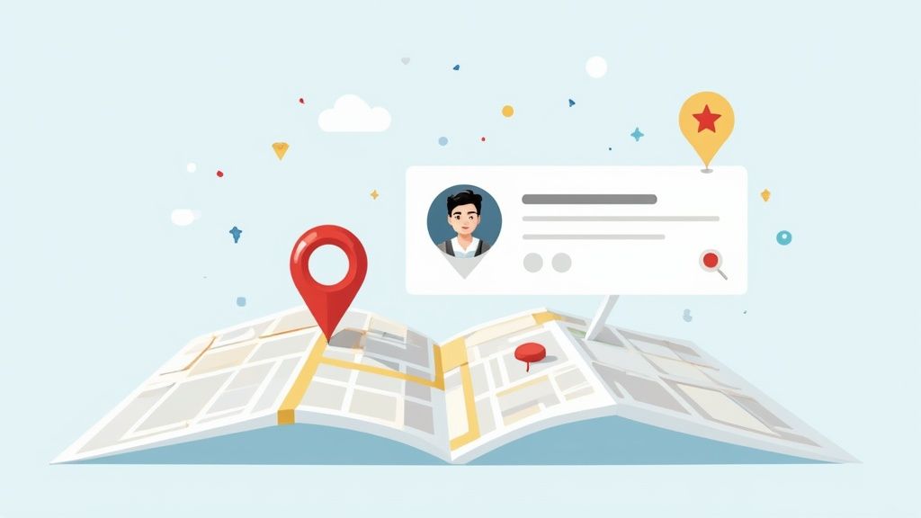 An illustration of a map with location pins, showing a business profile card and user ratings.