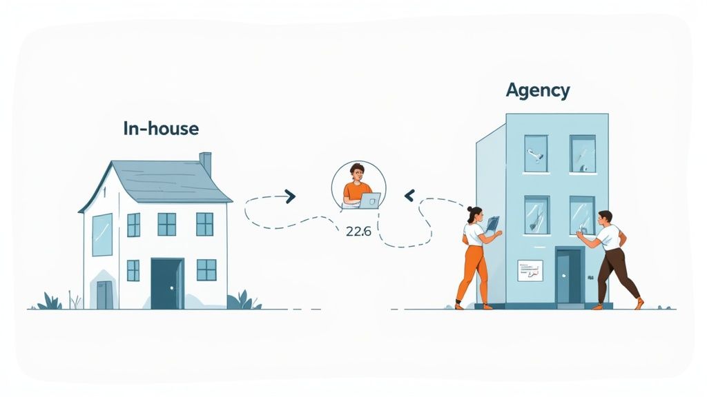 Illustration comparing in-house work (house) with agency work (building), featuring a remote worker connecting both.