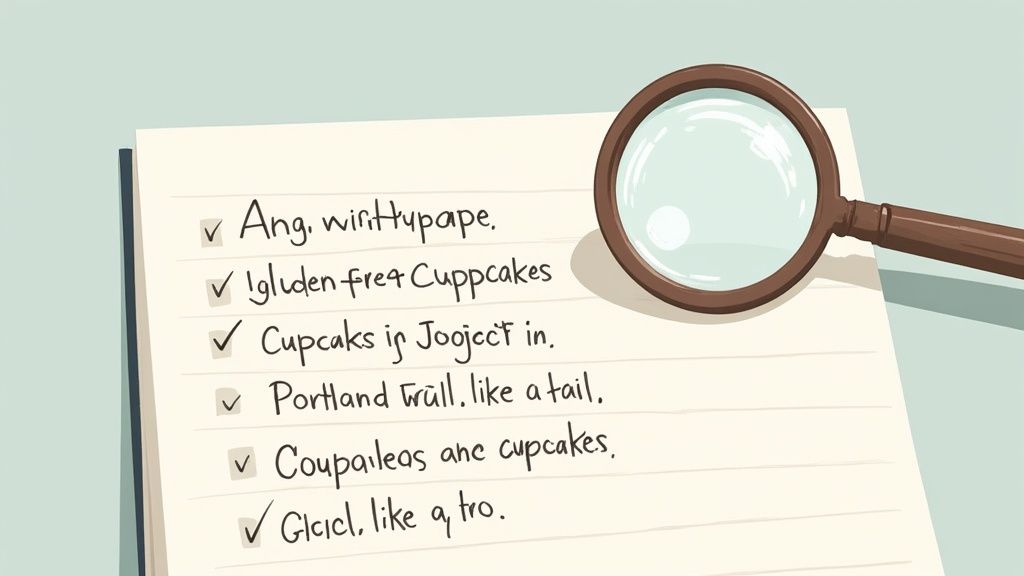 A magnifying glass rests on a handwritten checklist with several partially visible items.