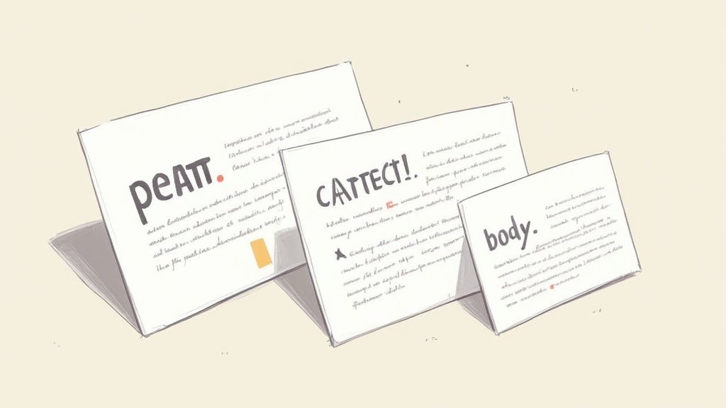 Three illustrated cards with placeholder text and keywords like'peATT','CATTECT', and'body', representing website content.