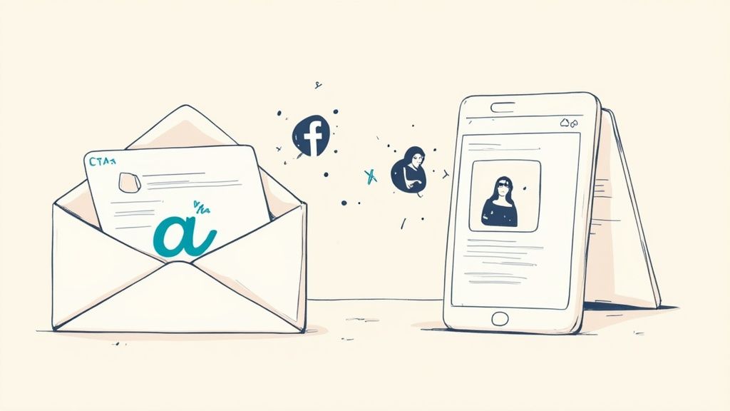 Illustration of email marketing and social media engagement with an open envelope and a smartphone.