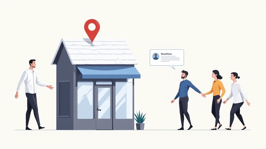 An illustration of a business with a location pin, a service provider, and clients approaching, symbolizing lead generation.