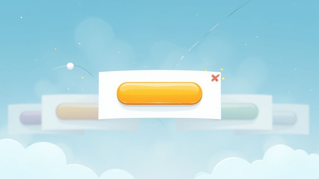 A vibrant orange button on a white popup card, with blurred colorful buttons behind it against a blue sky.