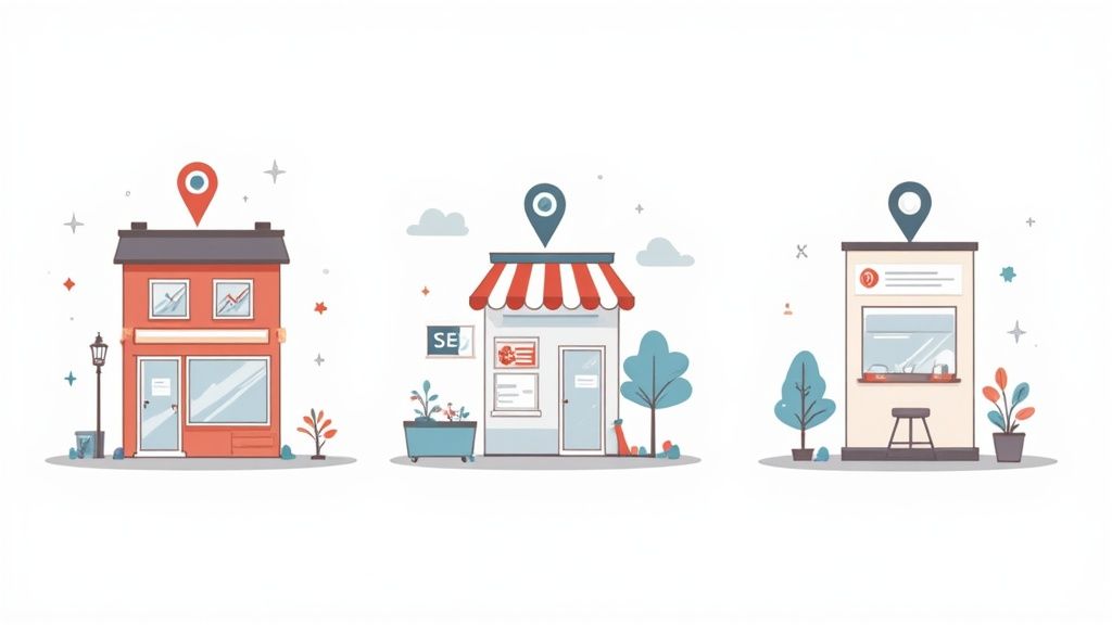 Three illustrated storefronts with location pins, symbolizing local businesses and affordable SEO services.