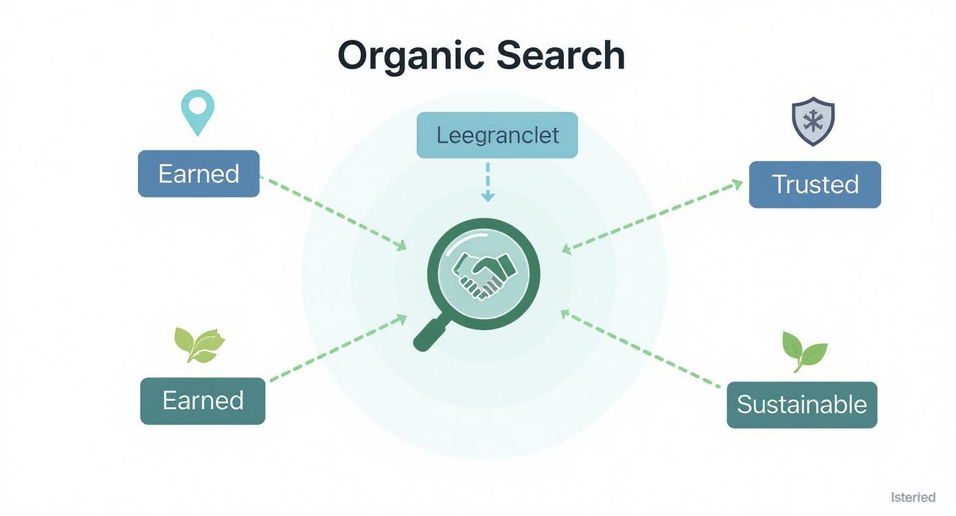 Diagram showing 'Organic Search' connected to 'Leegranclet', 'Earned', 'Trusted', and 'Sustainable' via a magnifying glass with a handshake.