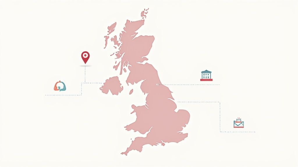 Map of the United Kingdom with various icons indicating locations, data, and services distribution.