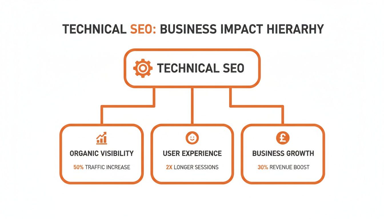 Diagram illustrating the business impact hierarchy of Technical SEO on organic visibility, user experience, and growth.