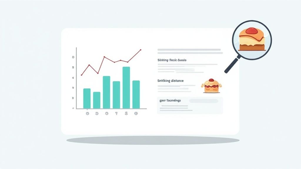 Google Search Console analytics dashboard showing performance data chart with burger site inspection magnifying glass illustration
