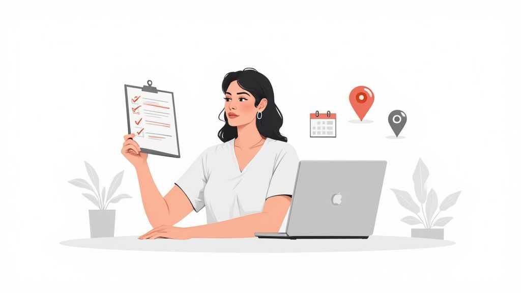 A woman at a desk holds a checklist; a laptop, calendar, and location pins are nearby.