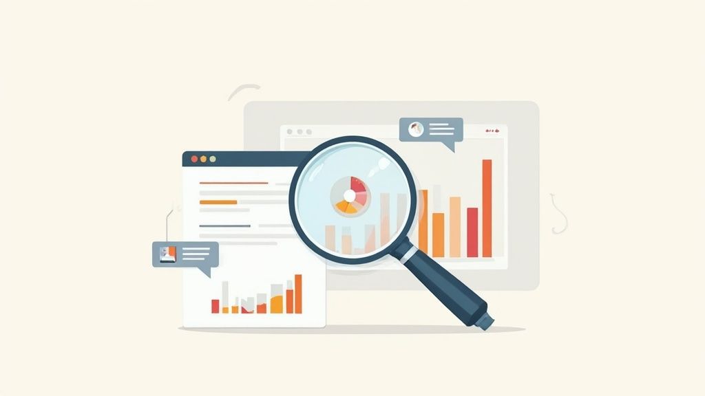 A magnifying glass over two computer screens displaying website analytics, charts, and data analysis.