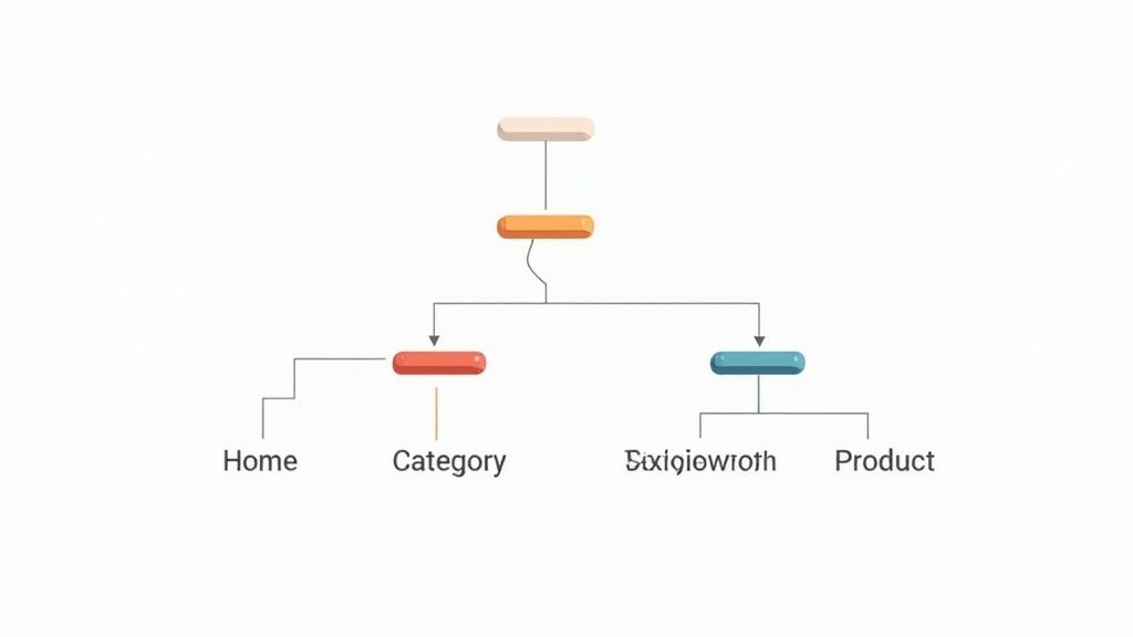 A website navigation flowchart showing a hierarchical structure with categories and products.