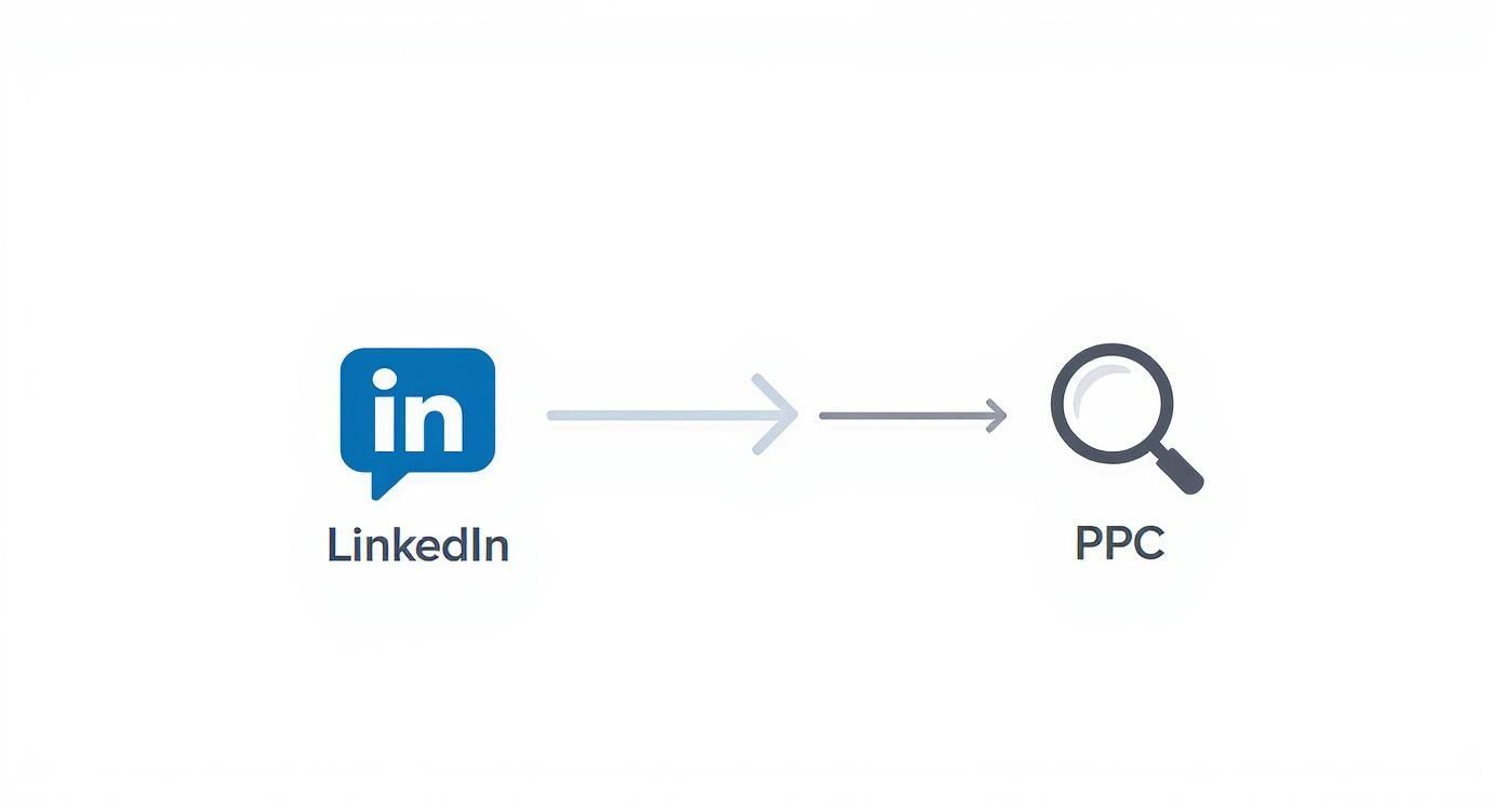 LinkedIn logo and text connecting to a PPC magnifying glass icon with arrows.