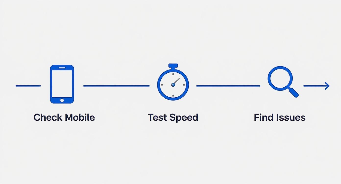 Process diagram showing steps to check mobile, test speed, and find issues for optimization.