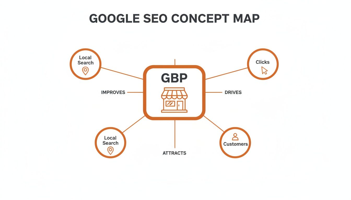 Concept map illustrating how Google Business Profile (GBP) improves local search, drives clicks, and attracts customers.