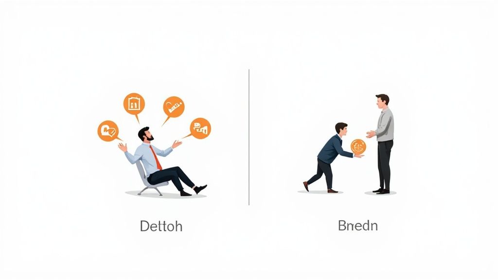 Illustration contrasting a man juggling many tasks with another offering a coin, depicting two business approaches.