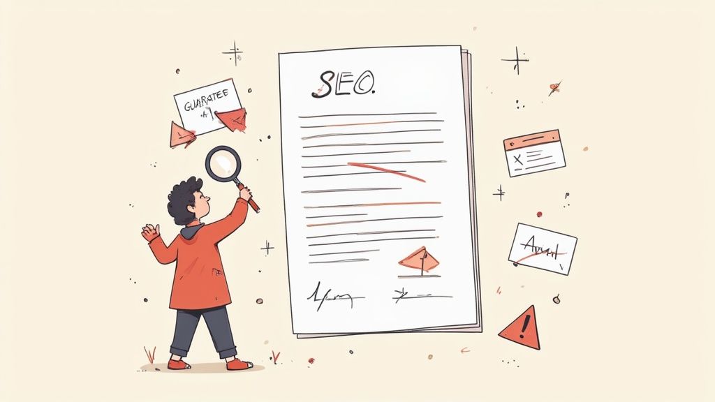 A person with a magnifying glass meticulously reviewing an SEO document, highlighting details and warnings.