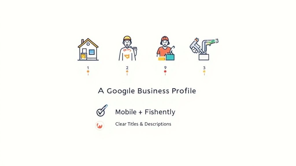 Graphic outlining key elements for a Google Business Profile, featuring a house, two workers, mobile, and clear descriptions.