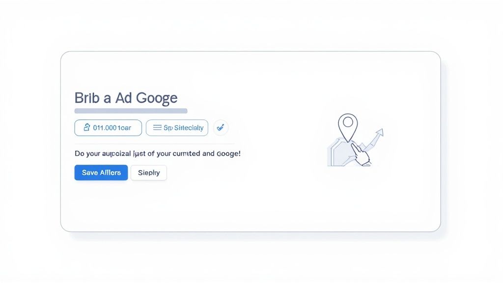 A white UI card with a form titled 'Brib a Ad Googe', buttons, and a location pin illustration.